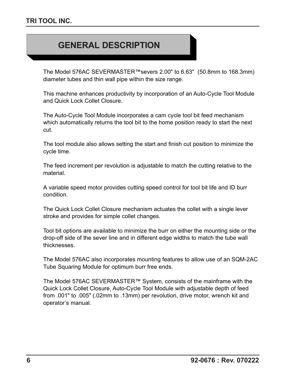 General description | Tri Tool 576AC Sever Machine User Manual | Page 6 / 29