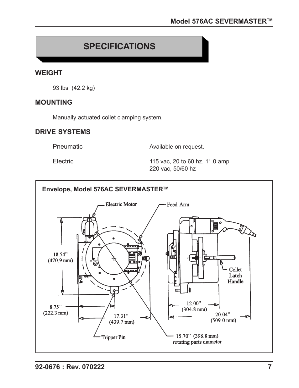 Specifications | Tri Tool 576AC Sever Machine User Manual | Page 7 / 29