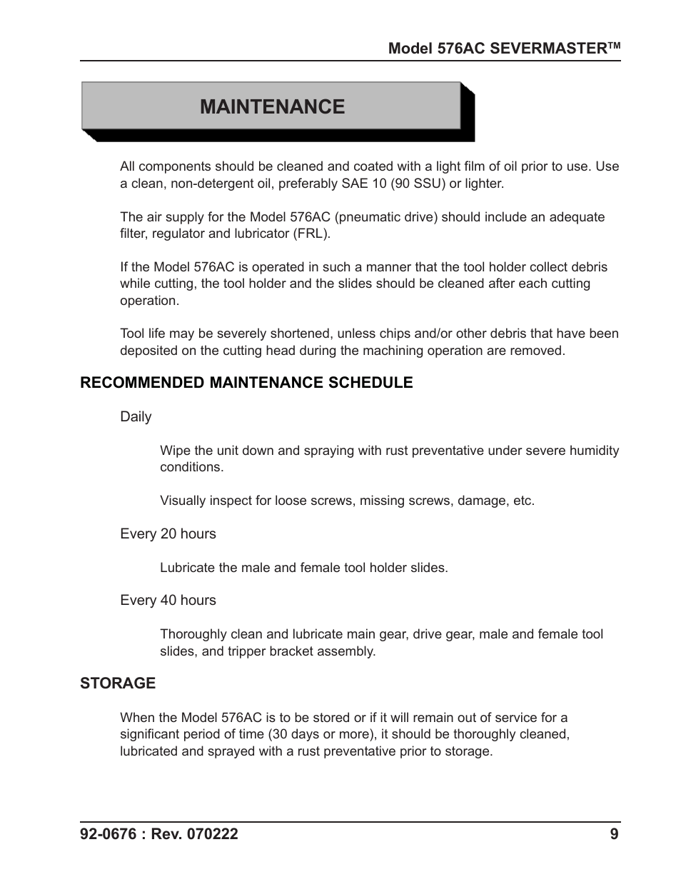Maintenance | Tri Tool 576AC Sever Machine User Manual | Page 9 / 29