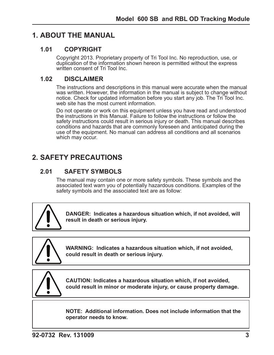 About the manual, Safety precautions | Tri Tool 600RBL and 600SB Series OD Tracking Module User Manual | Page 3 / 34