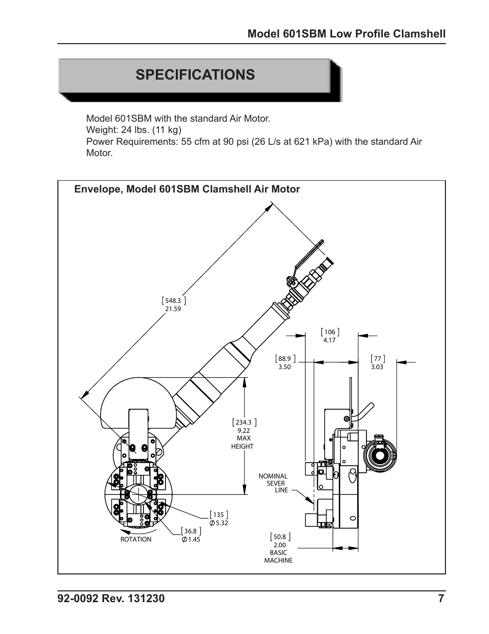 Specifications, Envelope, model 601sbm clamshell air motor | Tri Tool 601SBM Clamshell Air User Manual | Page 7 / 53