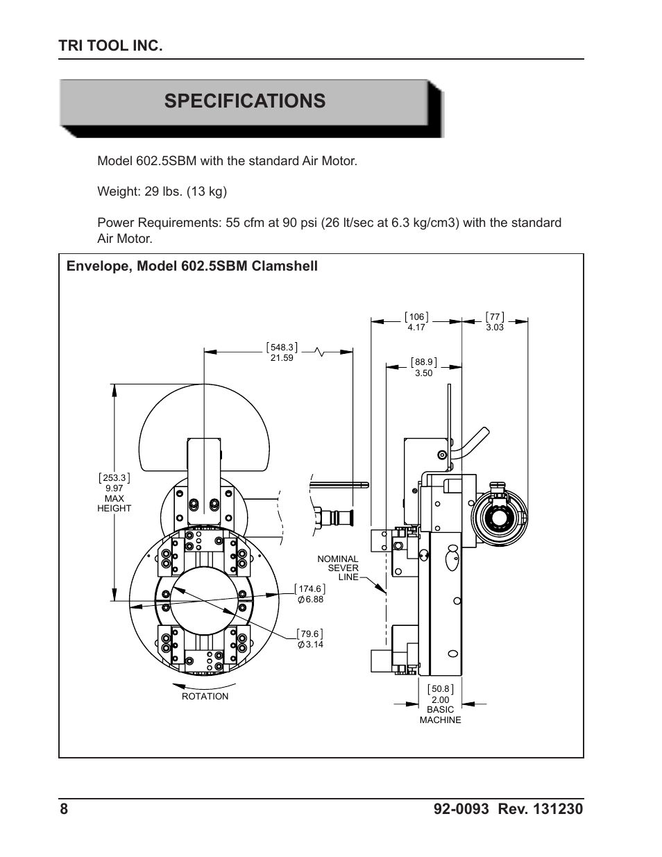 Specifications, Envelope, model 602.5sbm clamshell | Tri Tool 602-5SBM Clamshell Air User Manual | Page 8 / 53