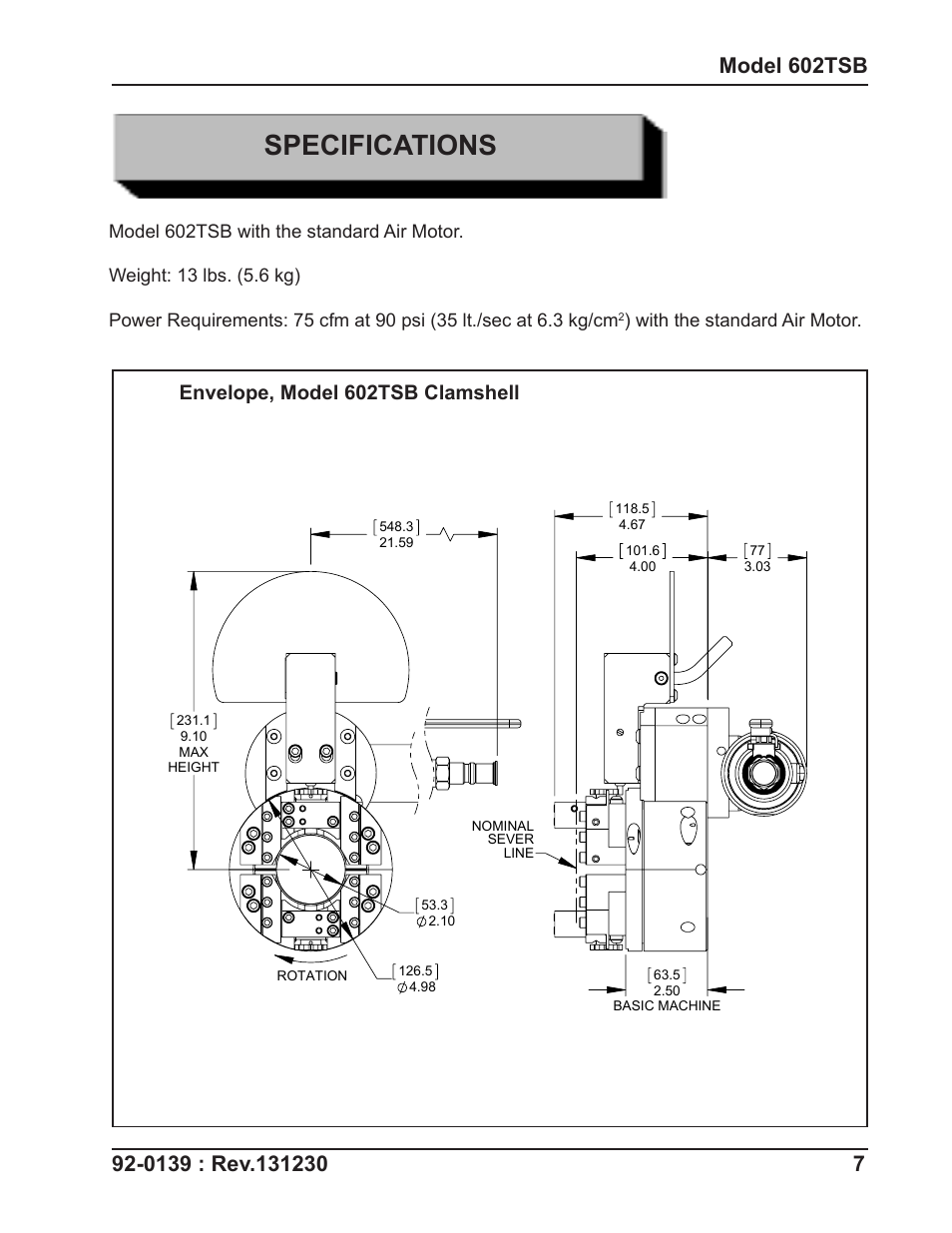 Specifications, Envelope, model 602tsb clamshell | Tri Tool 602TSB Clamshell Air User Manual | Page 7 / 46