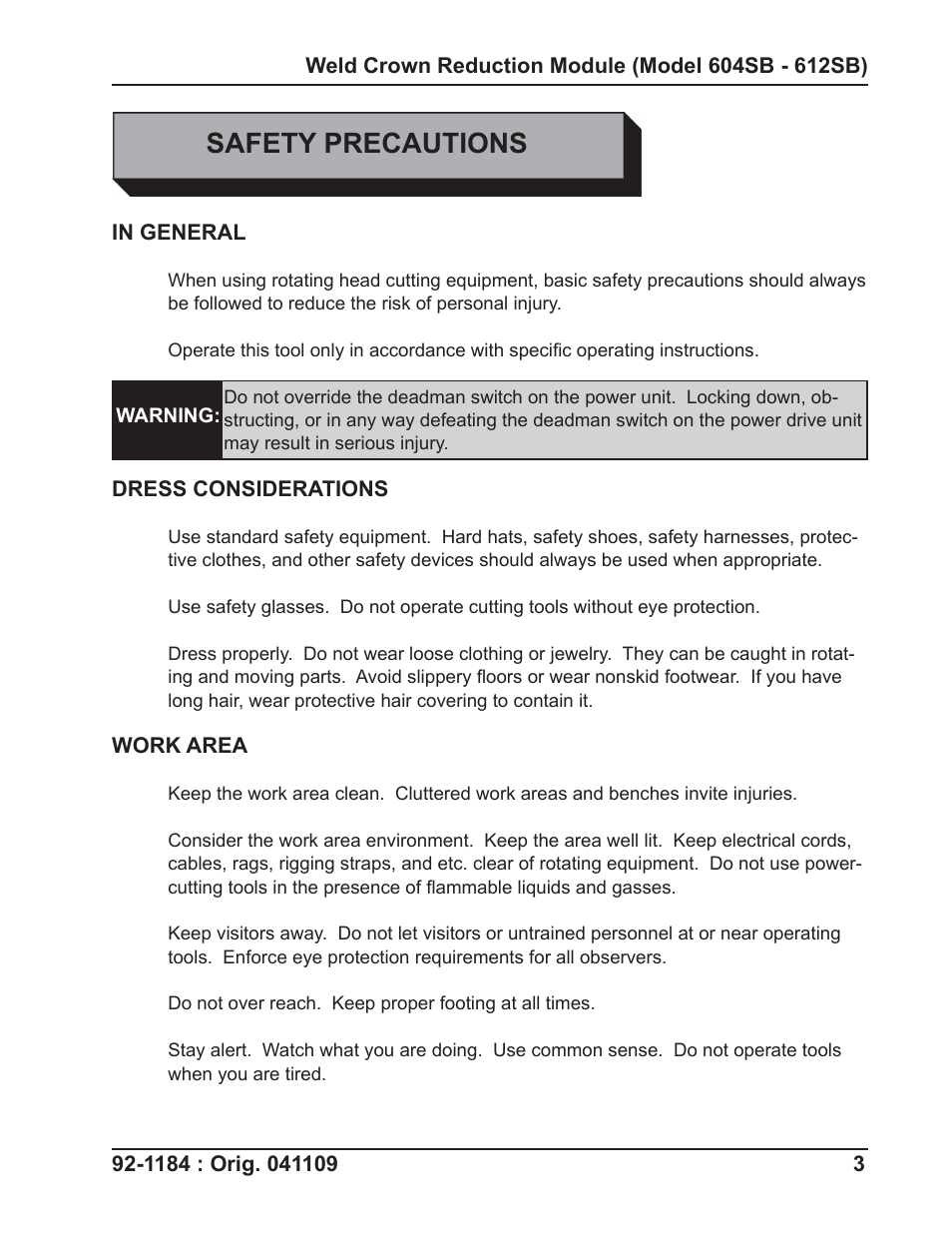 Safety precautions | Tri Tool 604SB Weld Crown Reduction Module User Manual | Page 3 / 8