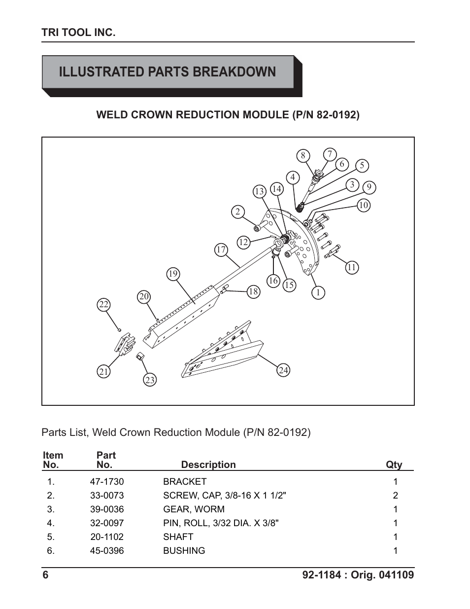 Illustrated parts breakdown | Tri Tool 604SB Weld Crown Reduction Module User Manual | Page 6 / 8