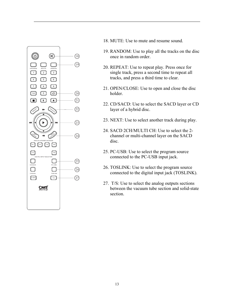 Controls and displays | Cary Audio Design CD 303T SACD User Manual | Page 14 / 28