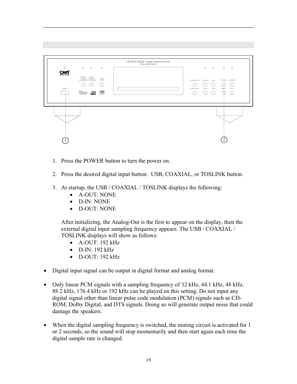 Digital to analog converter, Using as a digital to analog (d/a) converter | Cary Audio Design CD 303T SACD User Manual | Page 20 / 28