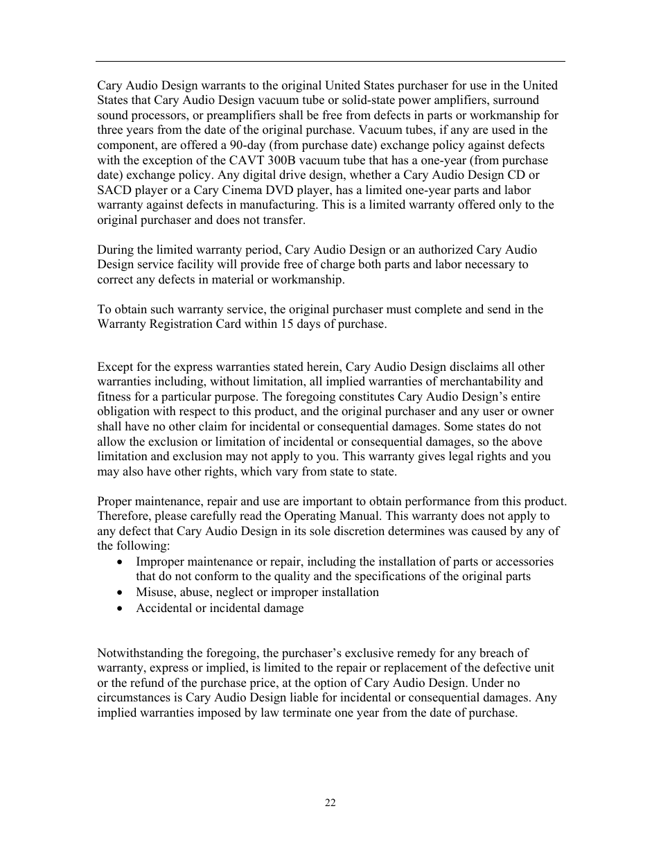 United states limited warranty | Cary Audio Design CD 303T SACD User Manual | Page 23 / 28