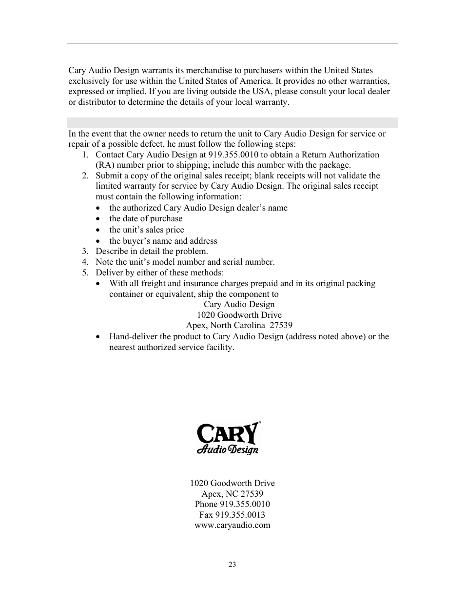 United states limited warranty | Cary Audio Design CD 303T SACD User Manual | Page 24 / 28