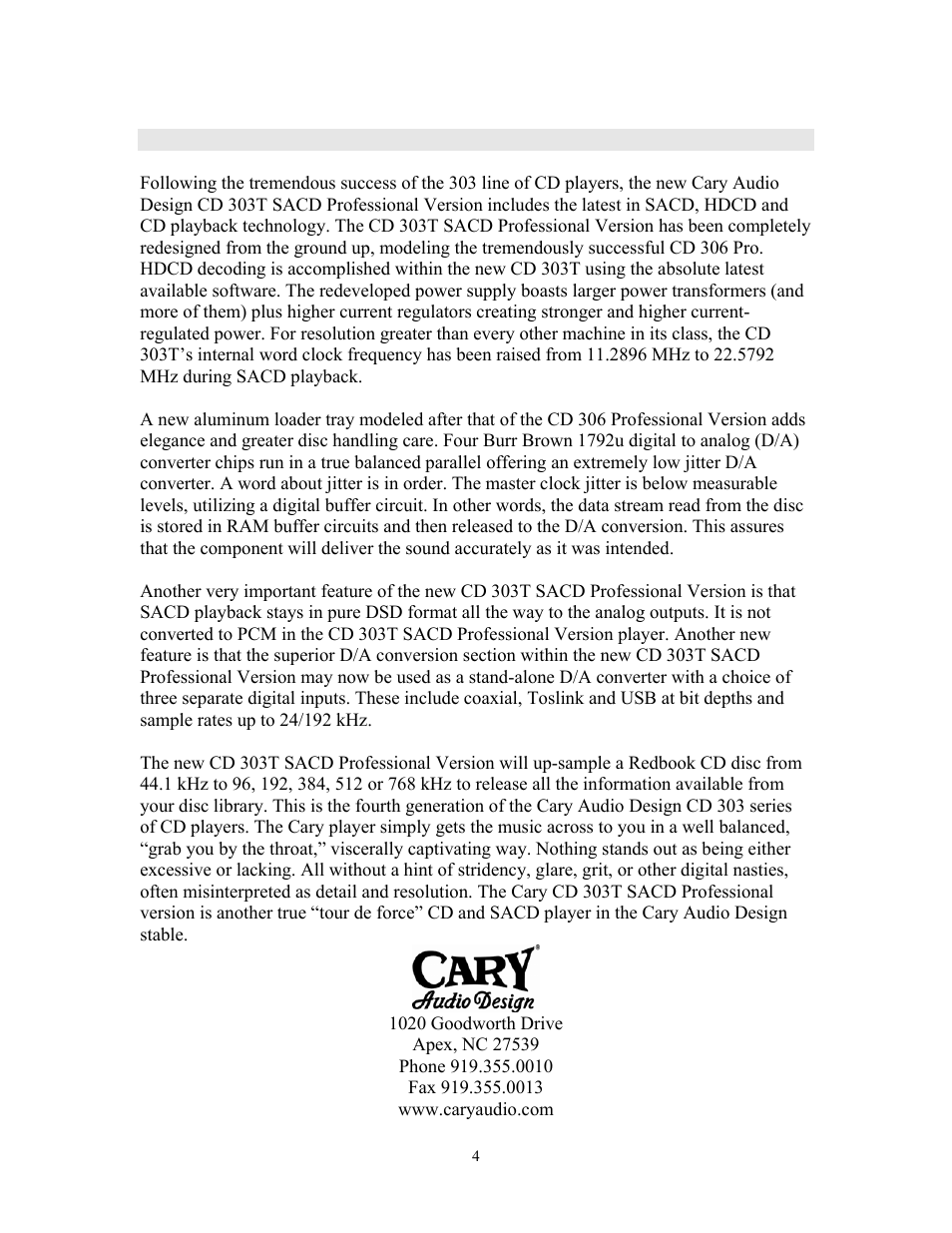 Welcome | Cary Audio Design CD 303T SACD User Manual | Page 5 / 28