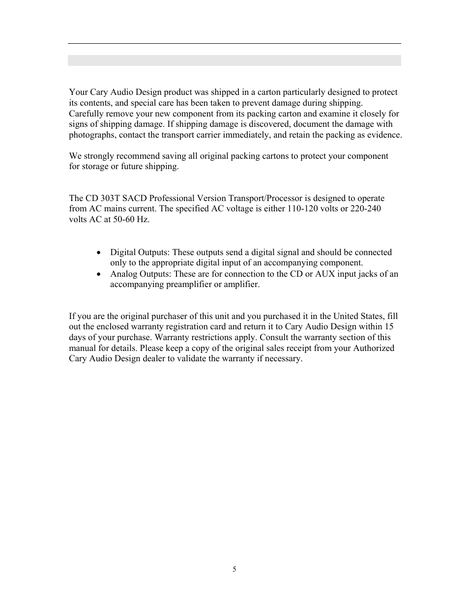 Specifications | Cary Audio Design CD 303T SACD User Manual | Page 6 / 28