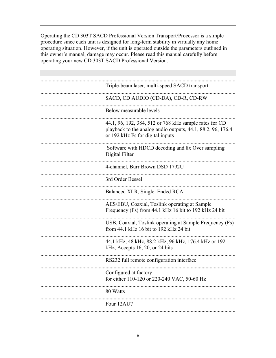 Specifications | Cary Audio Design CD 303T SACD User Manual | Page 7 / 28