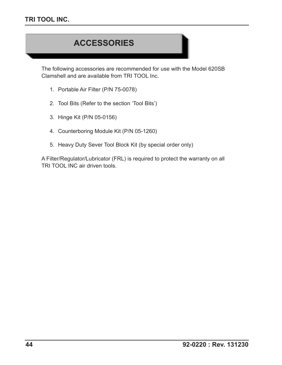 Accessories | Tri Tool 620SB Clamshell Air User Manual | Page 44 / 57