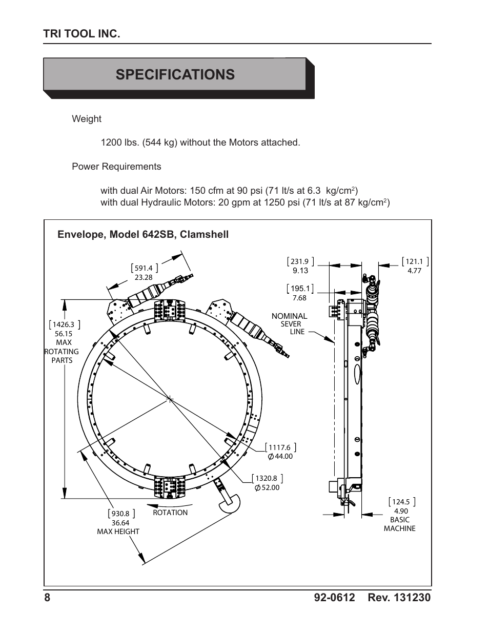 Specifications, Envelope, model 642sb, clamshell | Tri Tool 642SB Clamshell Air and Hydraulic User Manual | Page 8 / 60