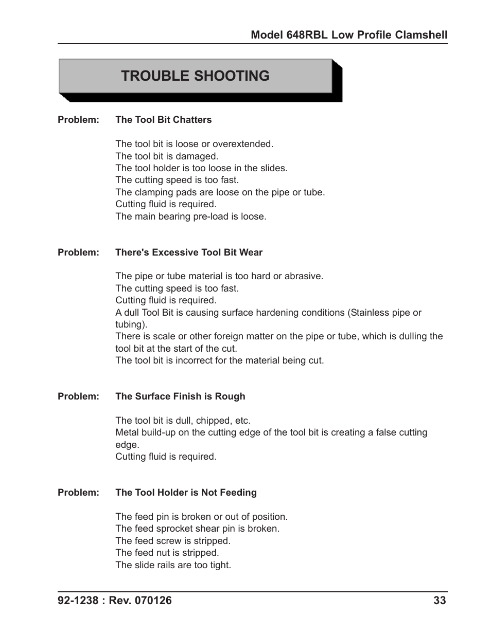 Trouble shooting | Tri Tool 648RBL Clamshell User Manual | Page 33 / 52