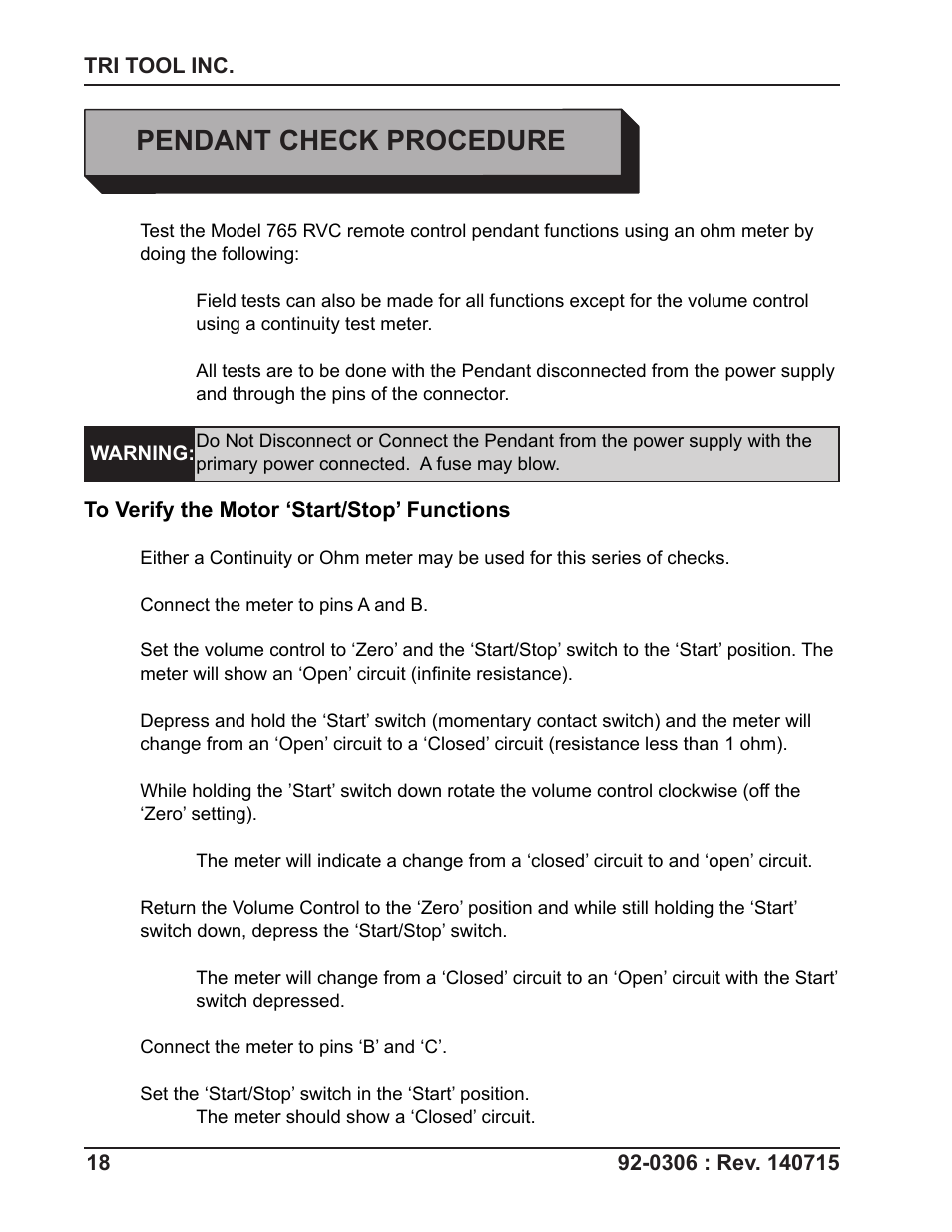 Pendant check procedure | Tri Tool 765RVC Hyrdaulic Power Supply User Manual | Page 18 / 43