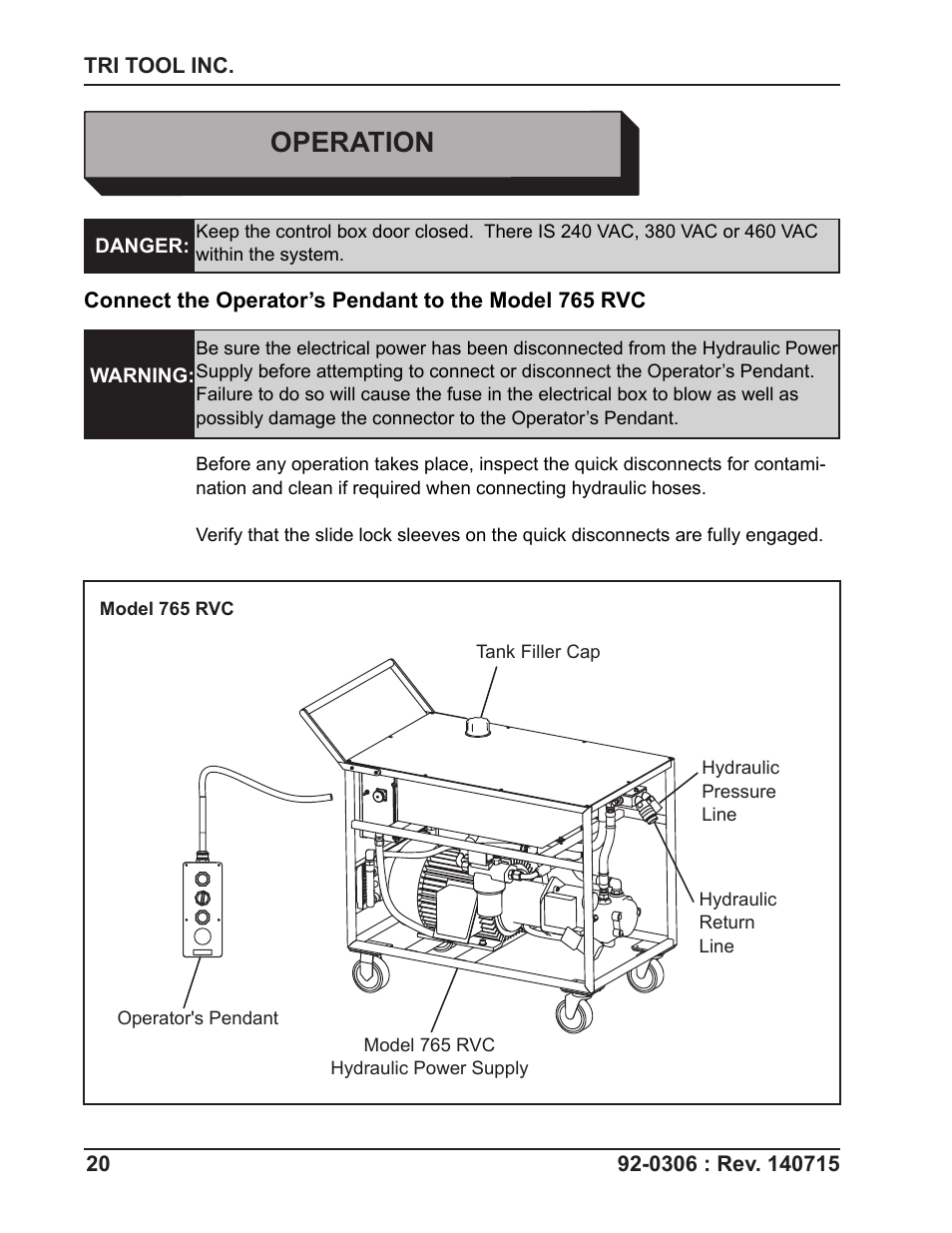 Operation | Tri Tool 765RVC Hyrdaulic Power Supply User Manual | Page 20 / 43