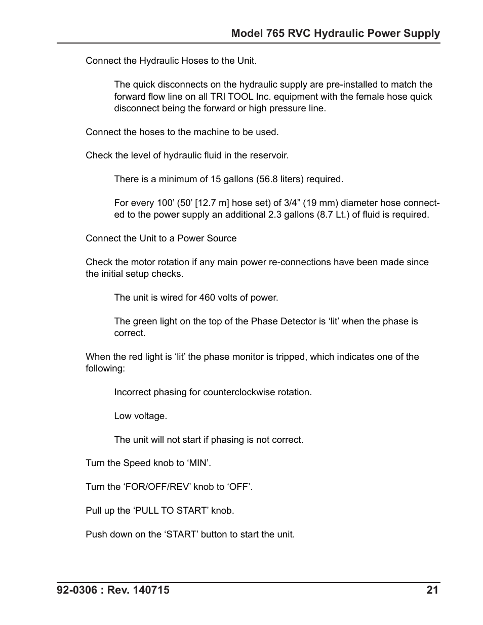 Tri Tool 765RVC Hyrdaulic Power Supply User Manual | Page 21 / 43