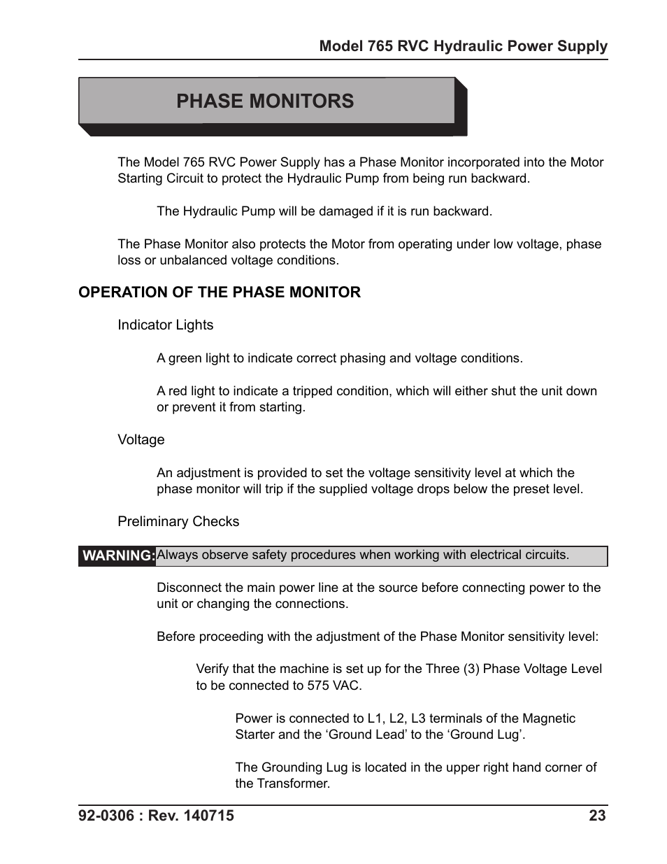 Phase monitors | Tri Tool 765RVC Hyrdaulic Power Supply User Manual | Page 23 / 43