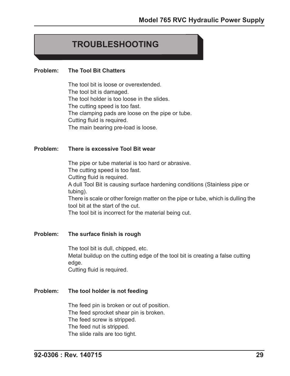 Troubleshooting | Tri Tool 765RVC Hyrdaulic Power Supply User Manual | Page 29 / 43