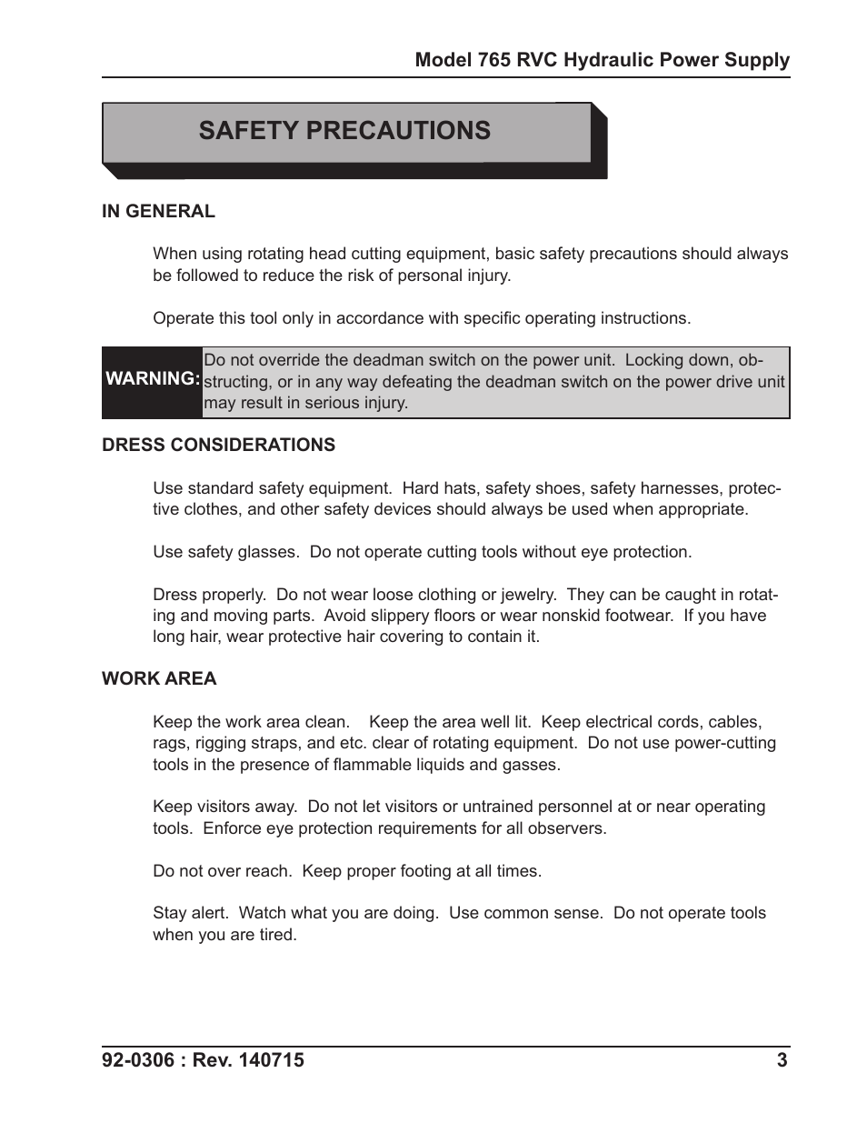 Safety precautions | Tri Tool 765RVC Hyrdaulic Power Supply User Manual | Page 3 / 43