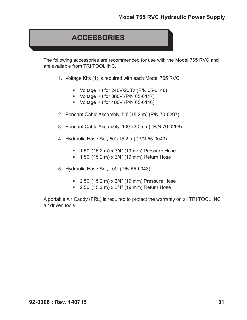 Accessories | Tri Tool 765RVC Hyrdaulic Power Supply User Manual | Page 31 / 43