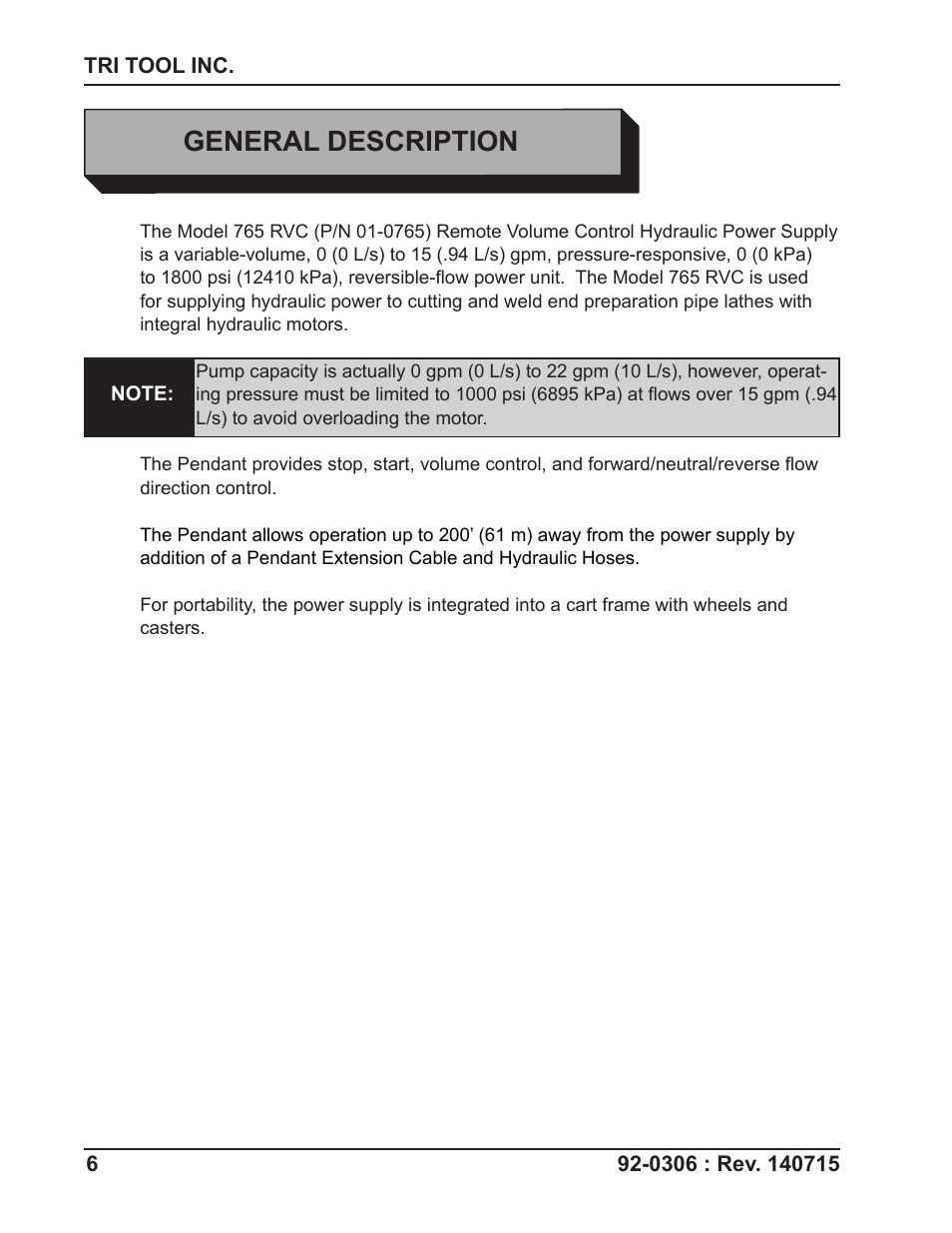 General description | Tri Tool 765RVC Hyrdaulic Power Supply User Manual | Page 6 / 43