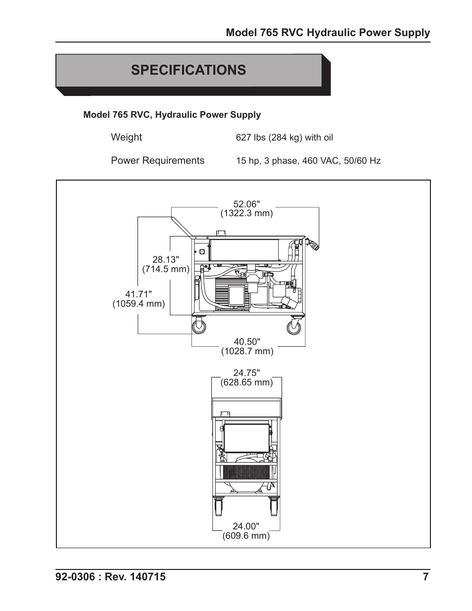 Specifications | Tri Tool 765RVC Hyrdaulic Power Supply User Manual | Page 7 / 43