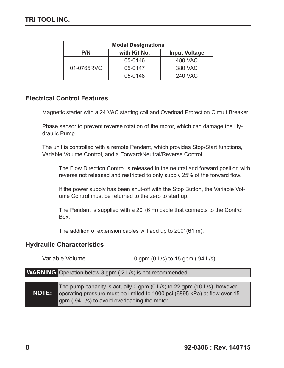 Tri Tool 765RVC Hyrdaulic Power Supply User Manual | Page 8 / 43