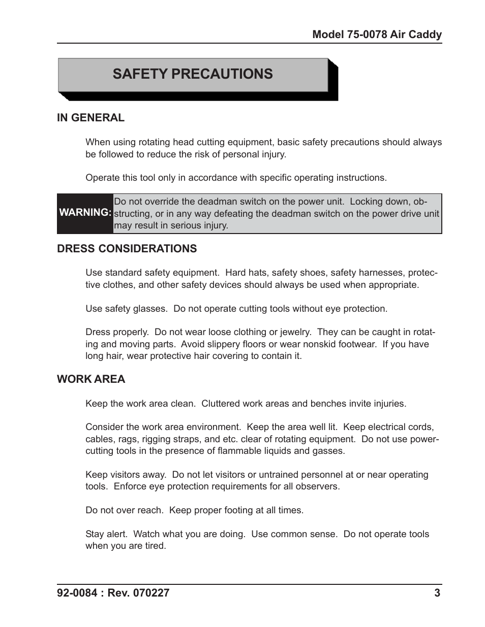 Safety precautions | Tri Tool 75-0078 Air Caddy User Manual | Page 3 / 18