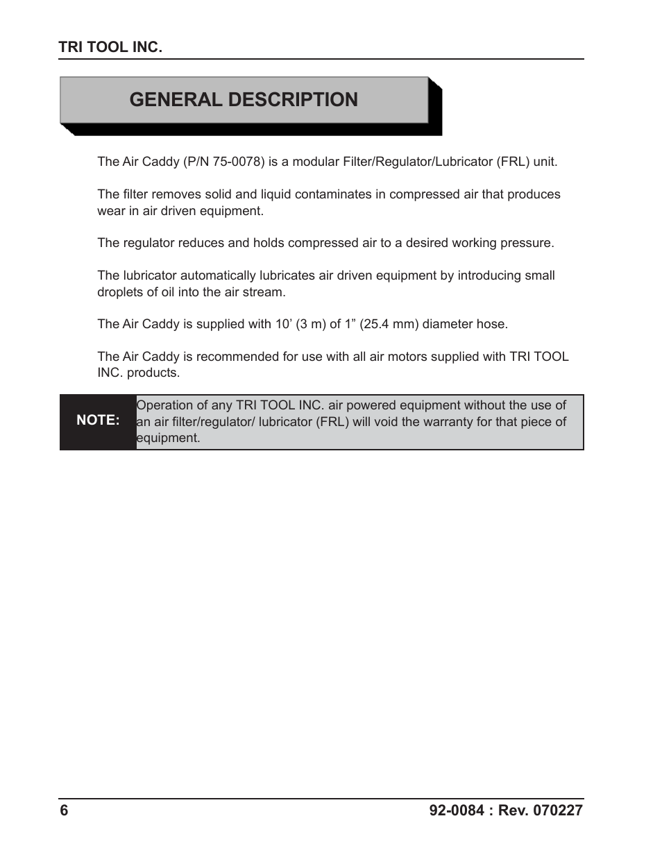General description | Tri Tool 75-0078 Air Caddy User Manual | Page 6 / 18