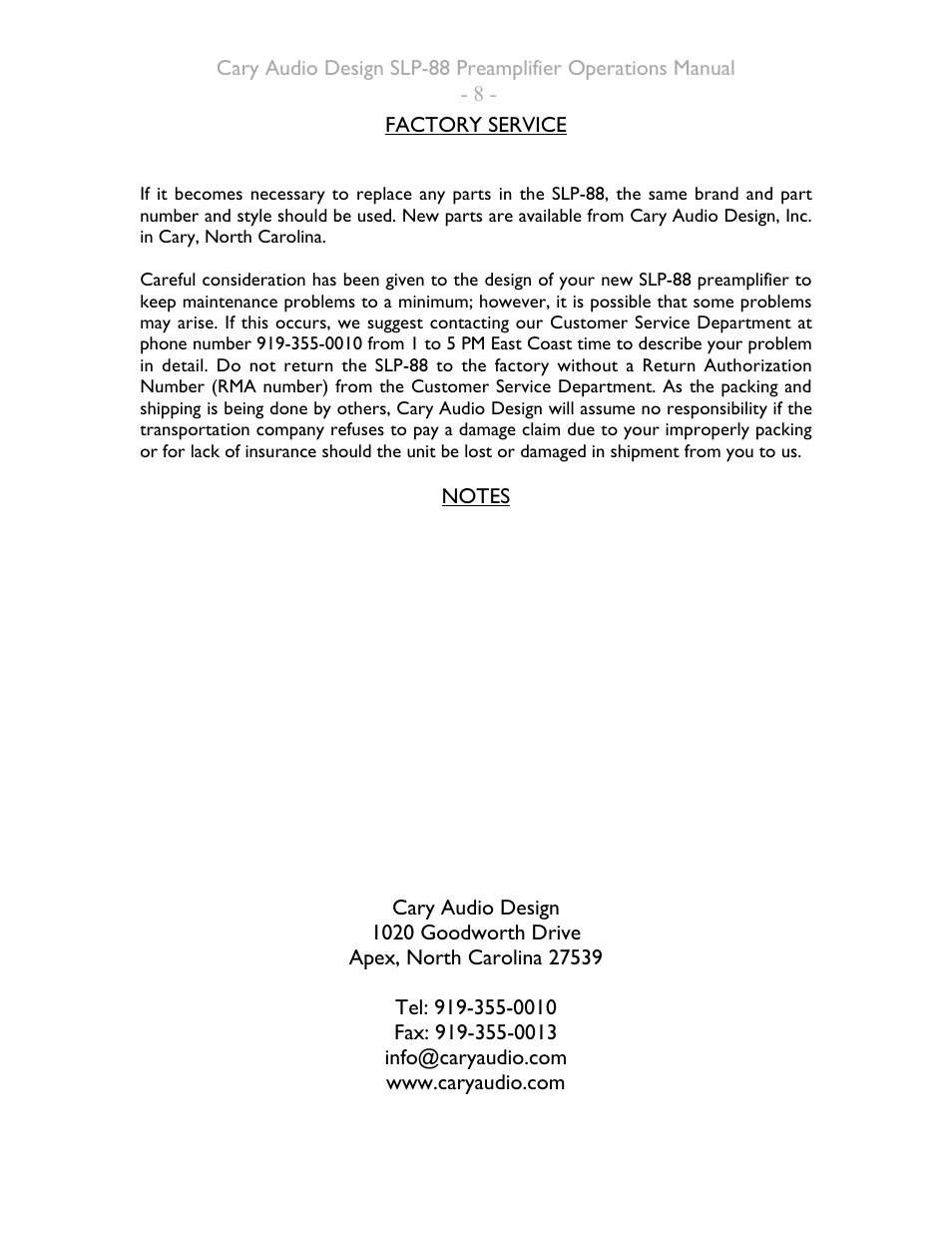 Cary Audio Design SLP-88 User Manual | Page 8 / 8