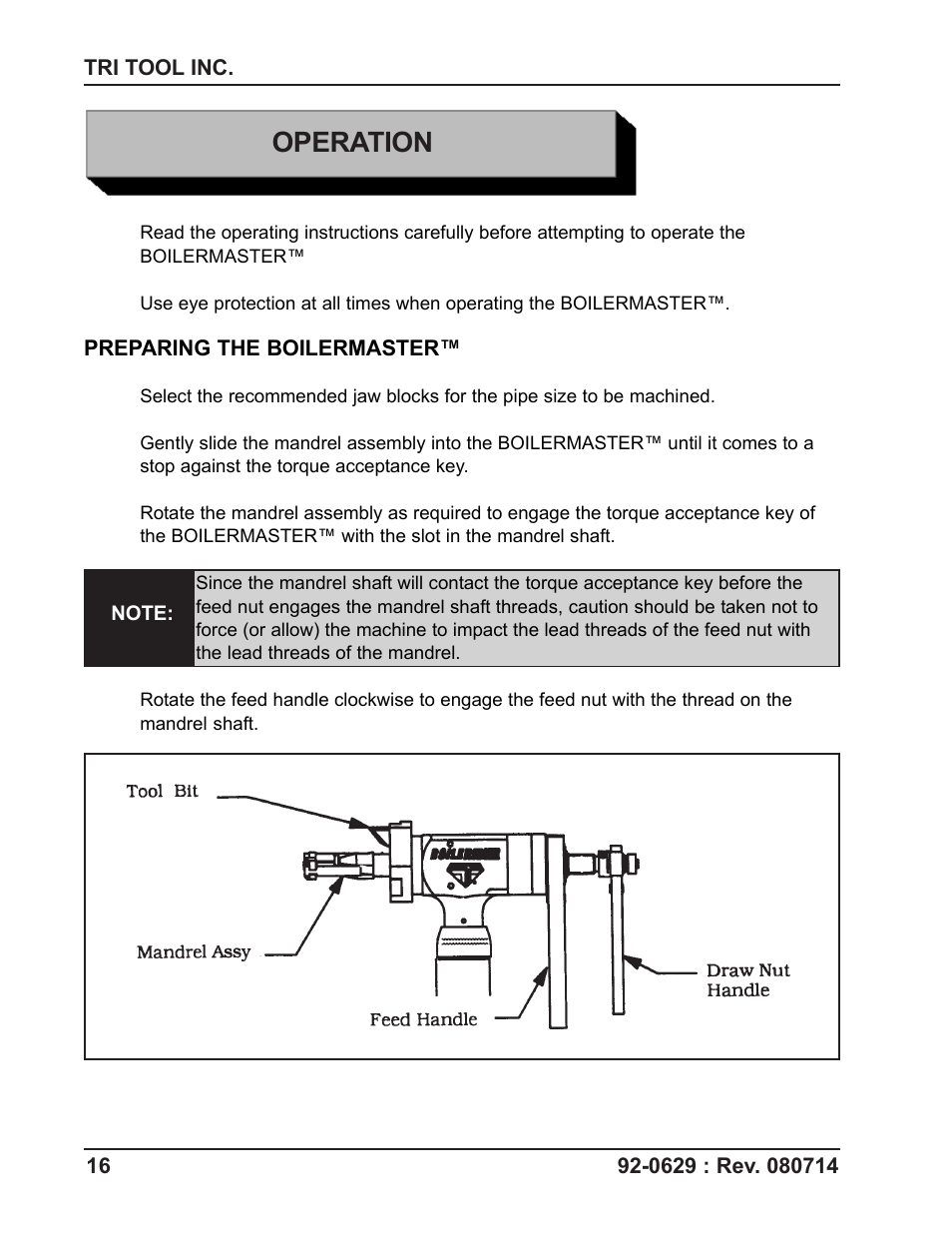 Operation | Tri Tool Boilermaster Beveler Standard User Manual | Page 16 / 43
