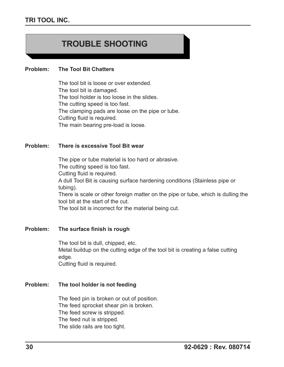 Trouble shooting | Tri Tool Boilermaster Beveler Standard User Manual | Page 30 / 43