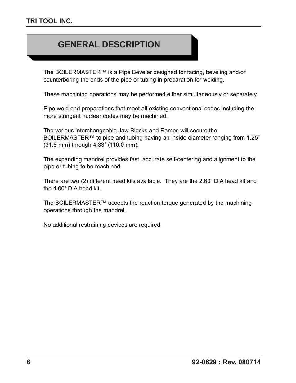General description | Tri Tool Boilermaster Beveler Standard User Manual | Page 6 / 43