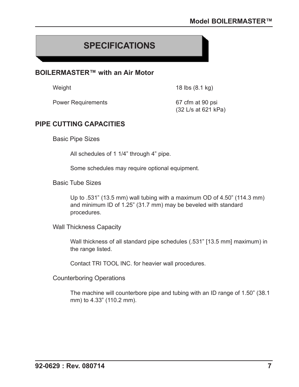 Specifications | Tri Tool Boilermaster Beveler Standard User Manual | Page 7 / 43