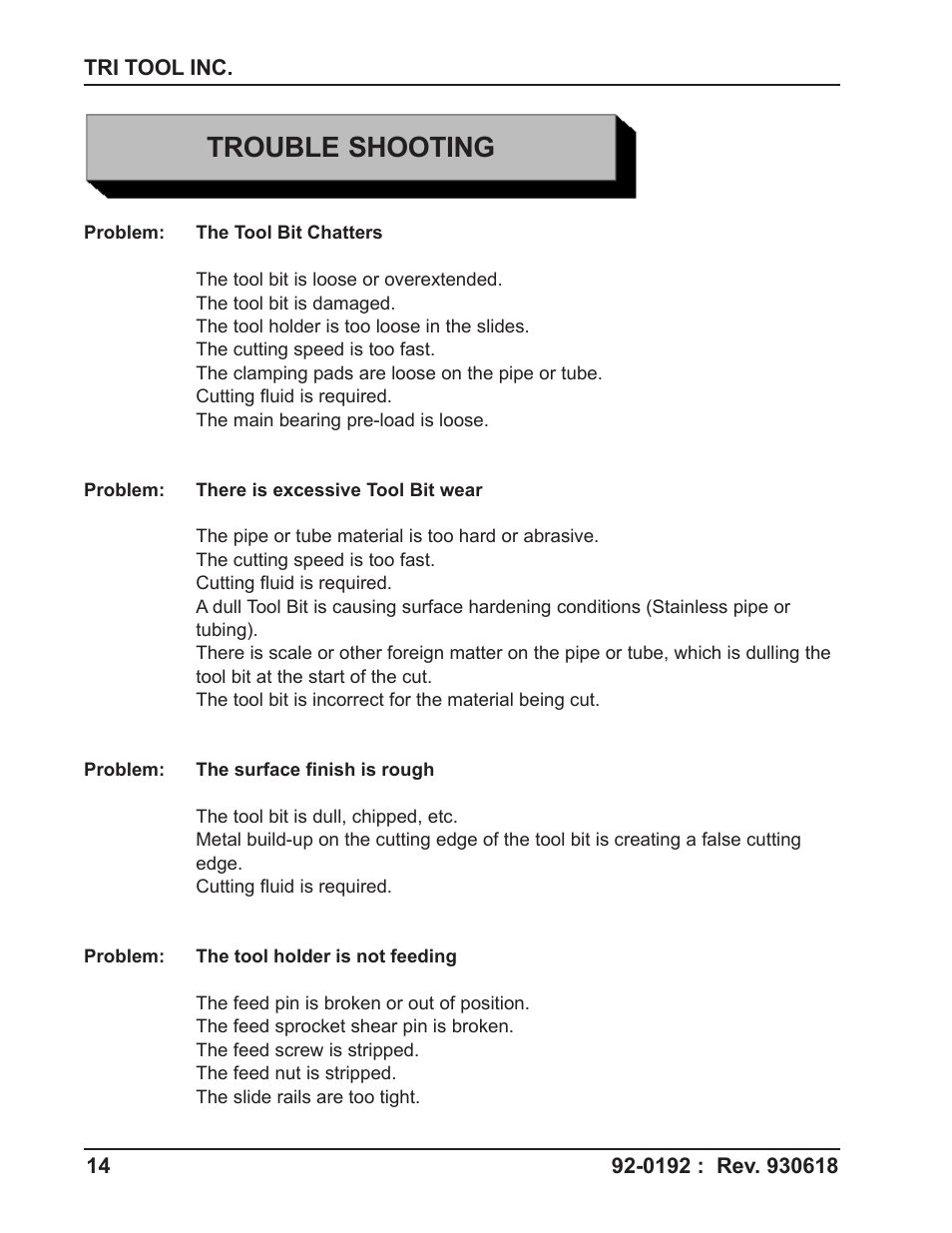 Trouble shooting | Tri Tool CBM-1 Counterbore Module User Manual | Page 14 / 18