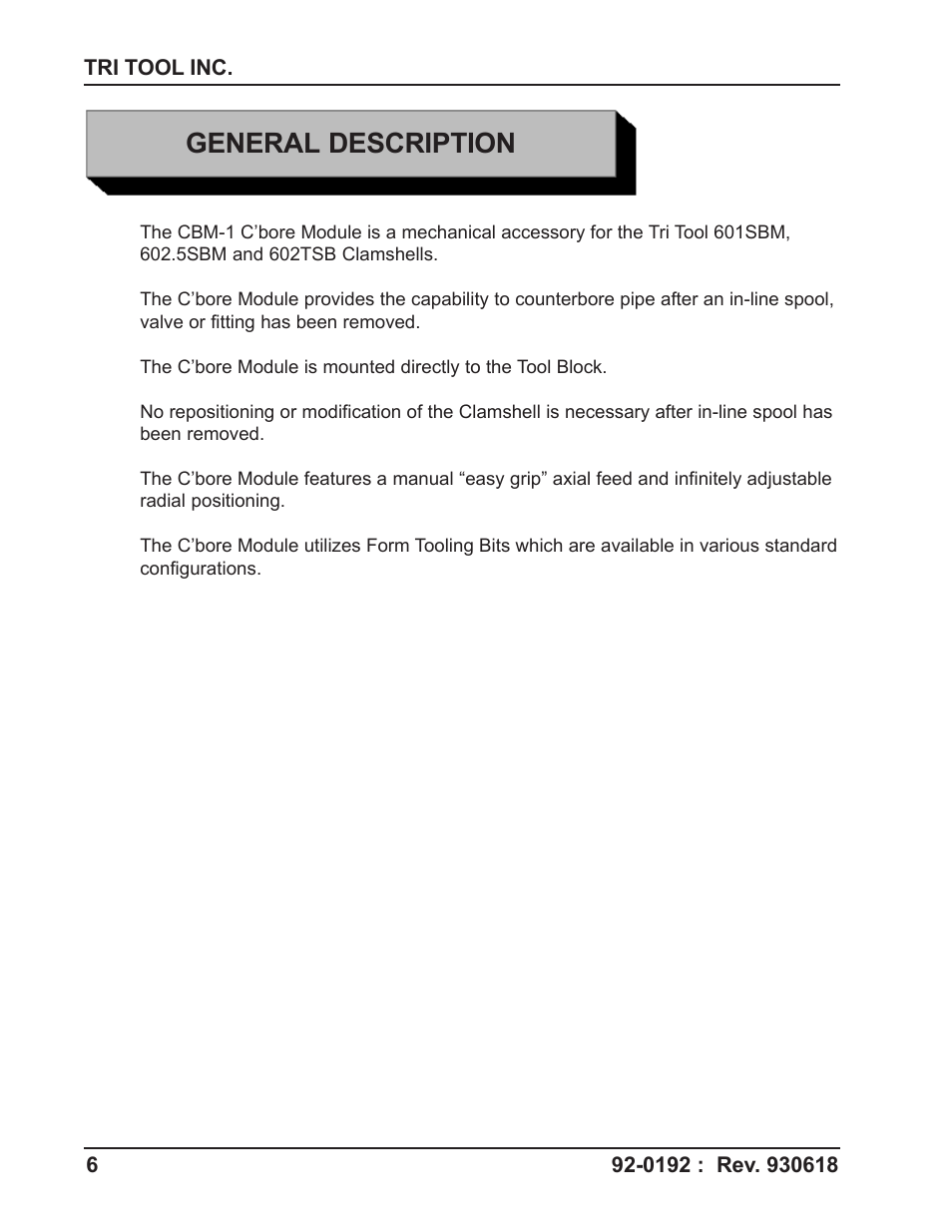 General description | Tri Tool CBM-1 Counterbore Module User Manual | Page 6 / 18