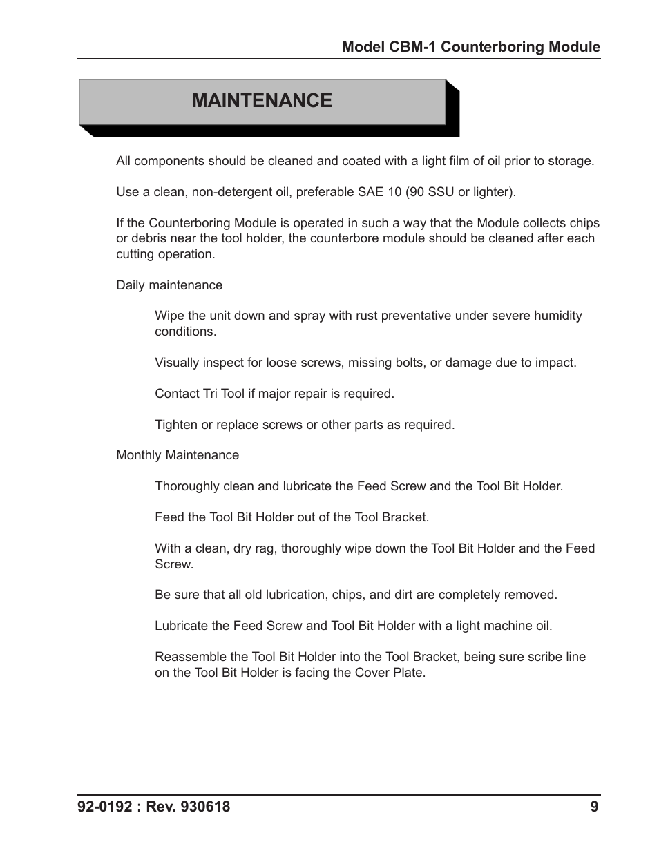 Maintenance | Tri Tool CBM-1 Counterbore Module User Manual | Page 9 / 18