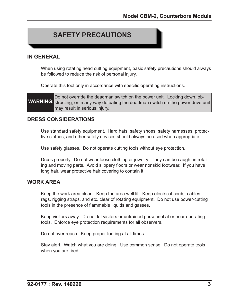 Safety precautions | Tri Tool CBM-2 Counterbore Module User Manual | Page 3 / 18