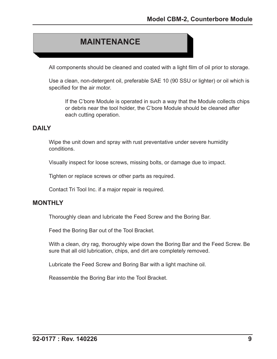 Maintenance | Tri Tool CBM-2 Counterbore Module User Manual | Page 9 / 18