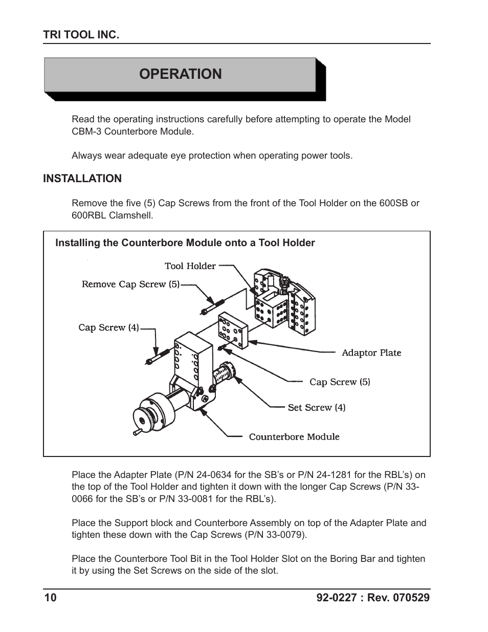 Operation | Tri Tool CBM-3 Counterbore Module User Manual | Page 10 / 21