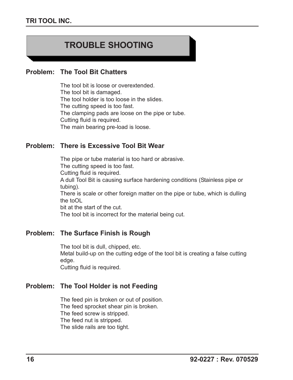 Trouble shooting | Tri Tool CBM-3 Counterbore Module User Manual | Page 16 / 21