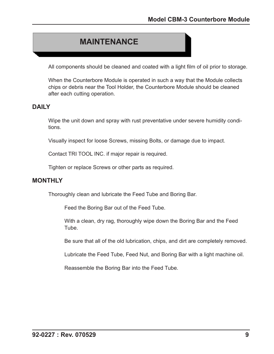 Maintenance | Tri Tool CBM-3 Counterbore Module User Manual | Page 9 / 21