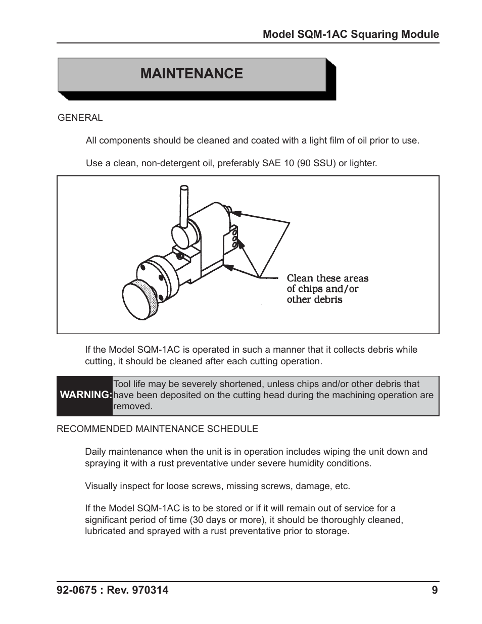 Maintenance | Tri Tool SQM-1AC Squaring Module User Manual | Page 9 / 17