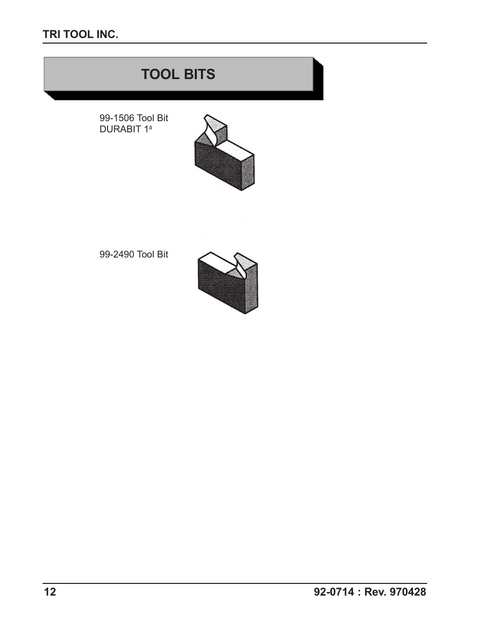 Tool bits | Tri Tool SQM-2AC Squaring Module User Manual | Page 12 / 16