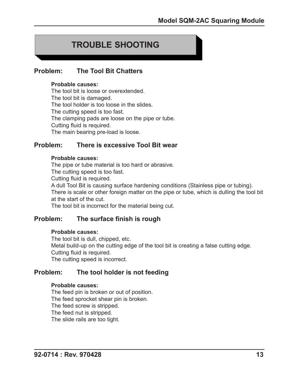 Trouble shooting | Tri Tool SQM-2AC Squaring Module User Manual | Page 13 / 16