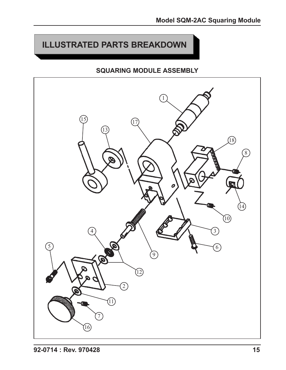 Illustrated parts breakdown | Tri Tool SQM-2AC Squaring Module User Manual | Page 15 / 16