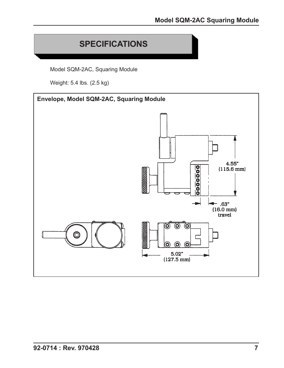Specifications | Tri Tool SQM-2AC Squaring Module User Manual | Page 7 / 16