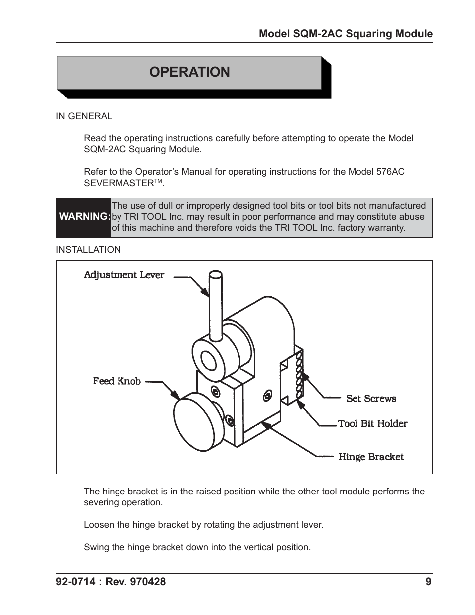 Operation | Tri Tool SQM-2AC Squaring Module User Manual | Page 9 / 16